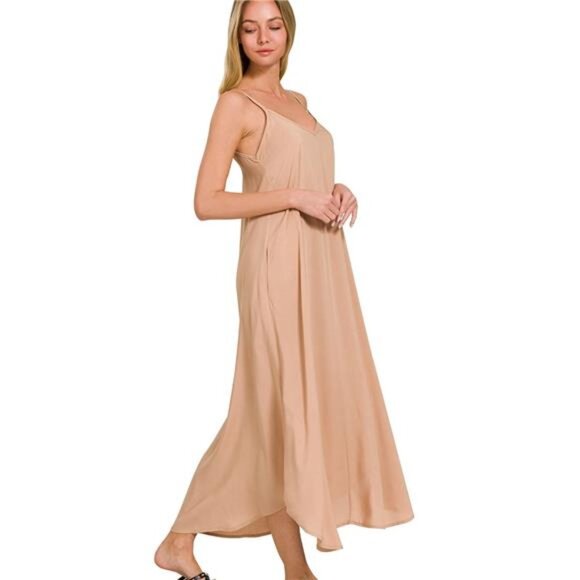 Zenana Woven Arc Hem Cami Dress With Flowy Pockets - Picture 1 of 3